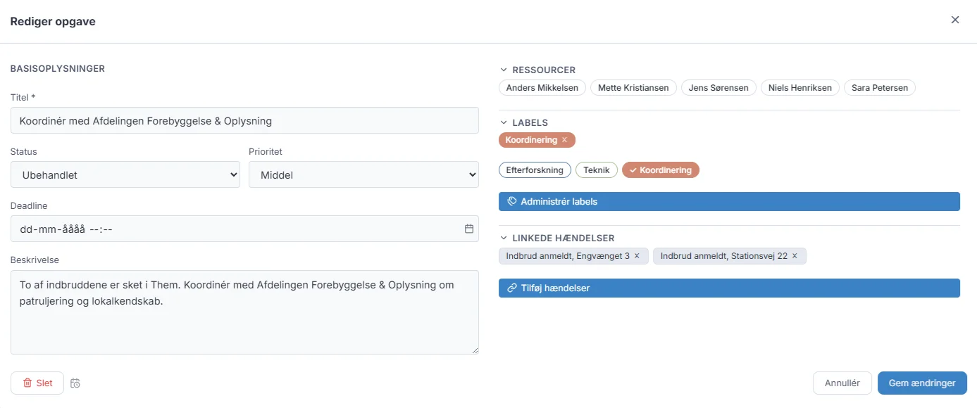 Redigér en opgave med detaljer og ressourcer